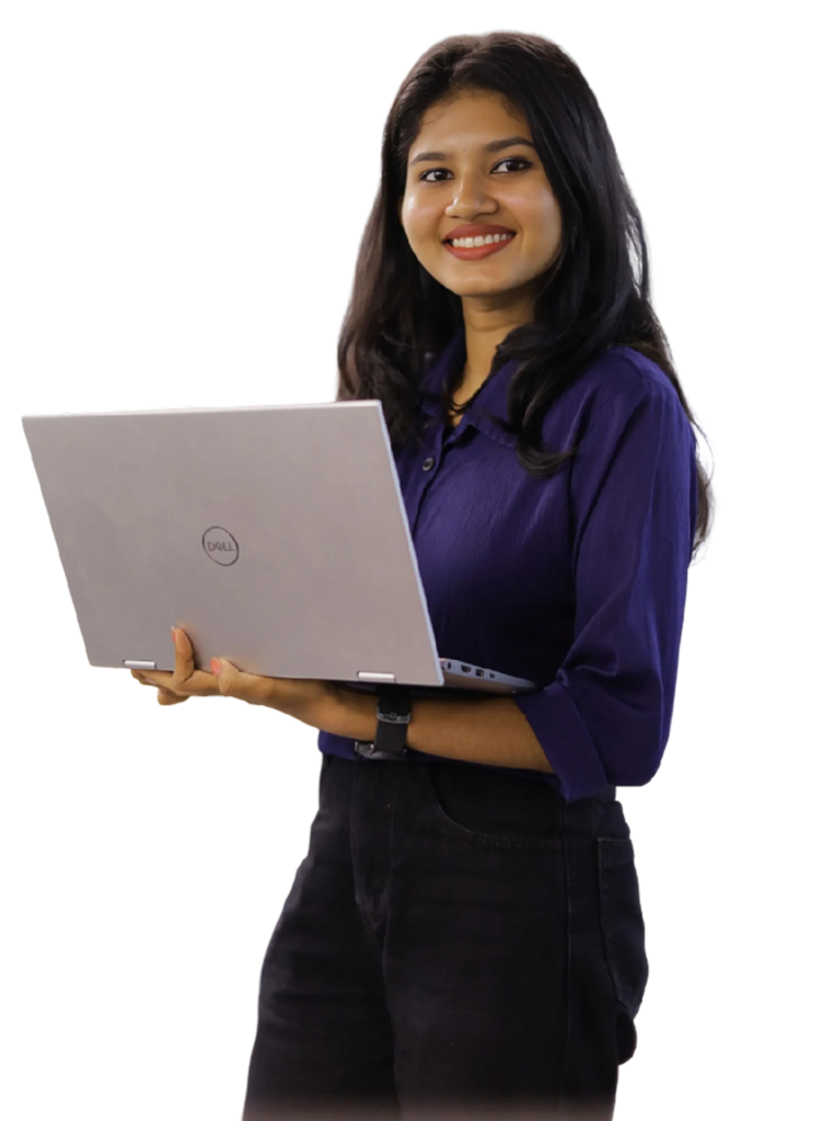 ClearMyCourse student holding a laptop and smiling while learning digital skills