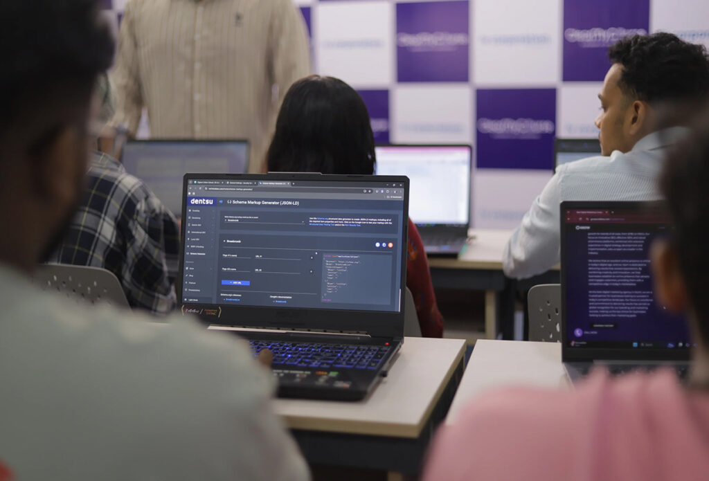 ClearMyCourse students learning SEO and digital marketing in classroom with laptops