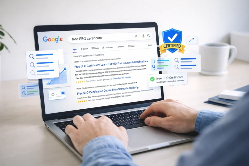 Free SEO certificate search on Google shown on laptop screen with certification dashboard and ranking elements