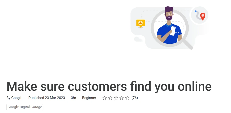 Google Digital Garage SEO certificate course banner showing a person using a mobile phone with location and search icons, promoting online visibility.