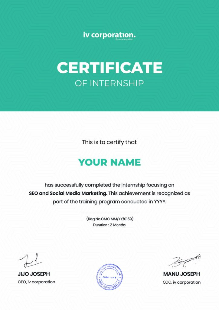 IV Corporation internship certificate for SEO and social media marketing training