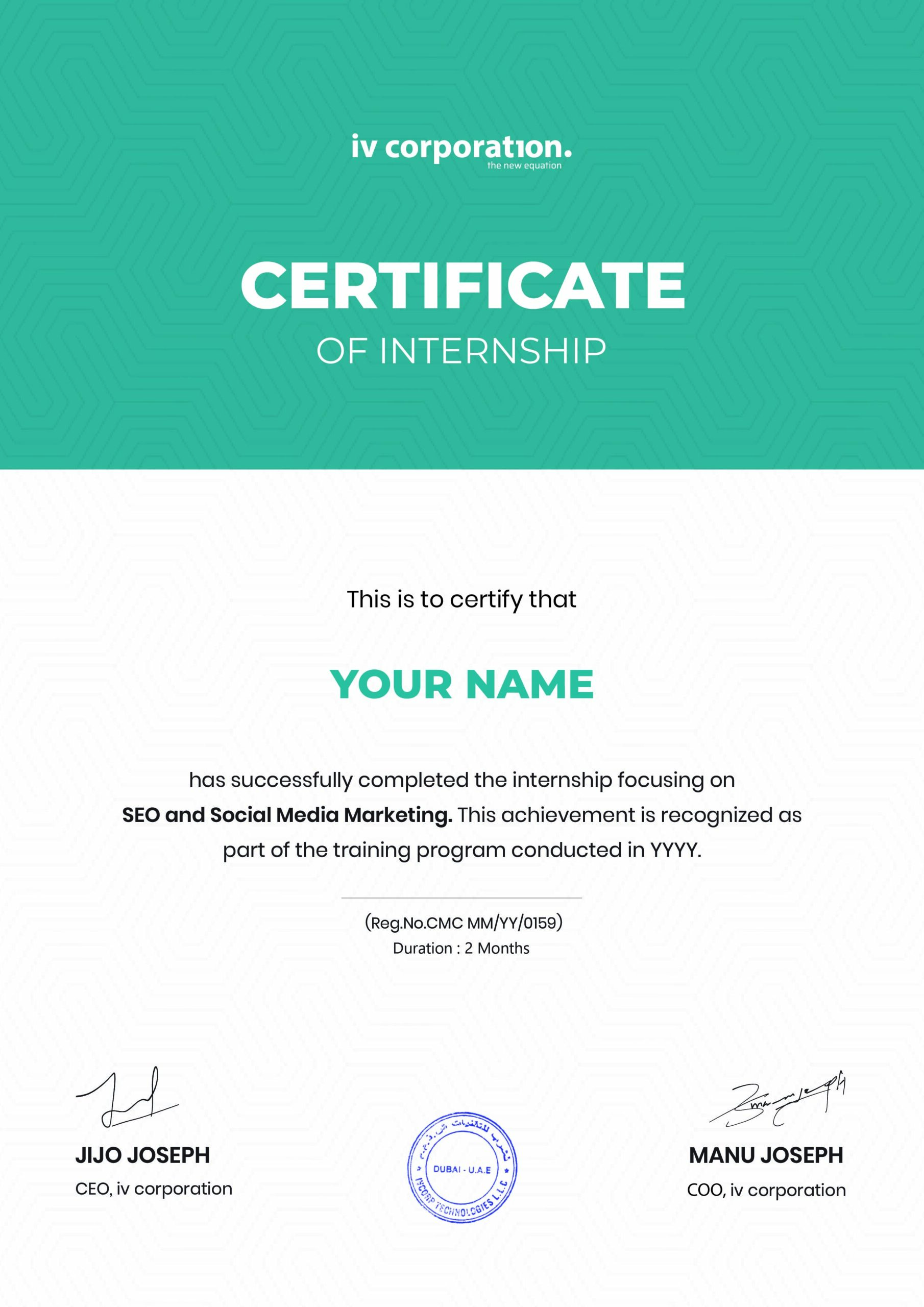 New Home 110 IV Corporation internship certificate for SEO and social media marketing training
