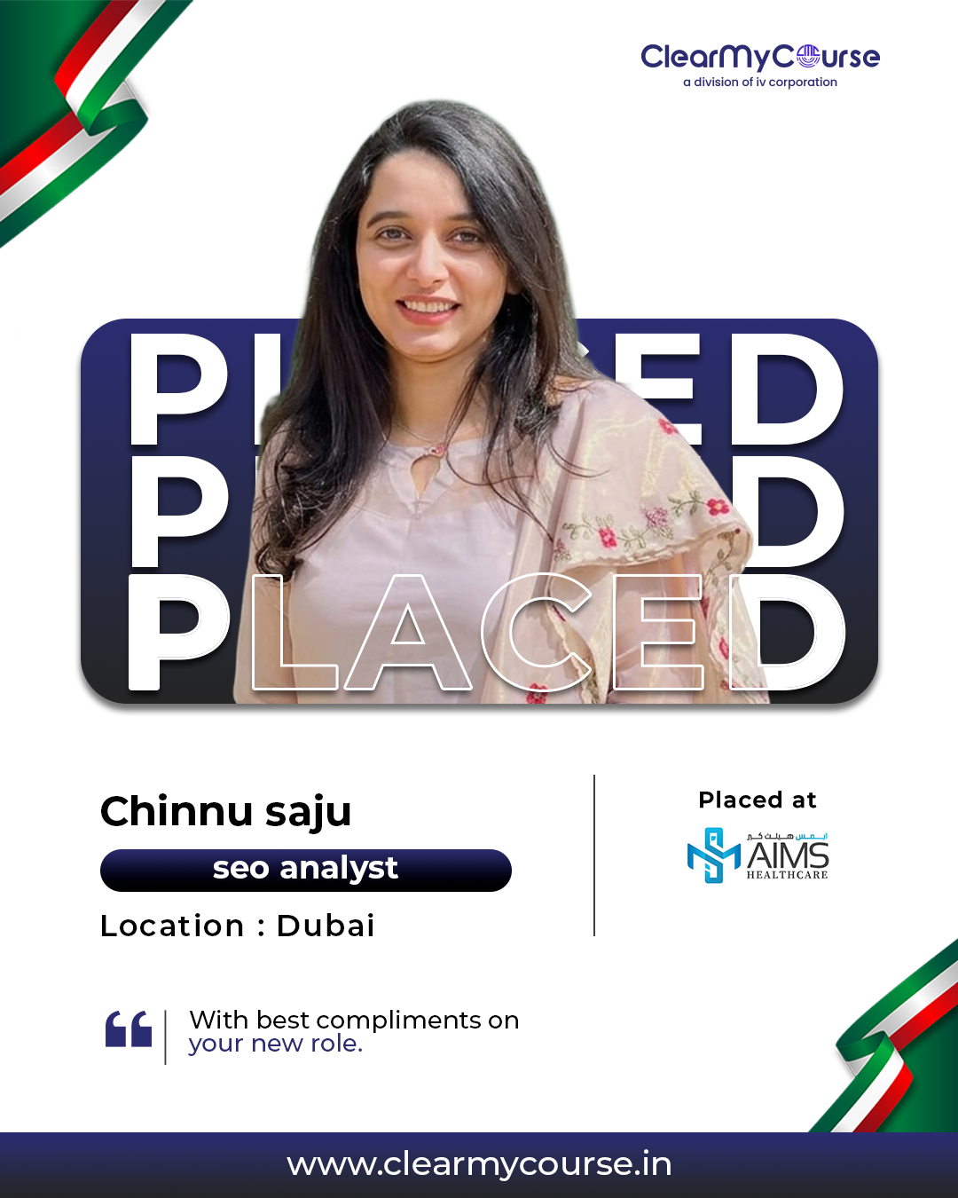 New Home 54 Chinnu Saju placement announcement by Clear My Course featuring an SEO Analyst role in Dubai with AIMS Healthcare. The placement poster highlights a successful career outcome from a digital marketing institute in Kochi.