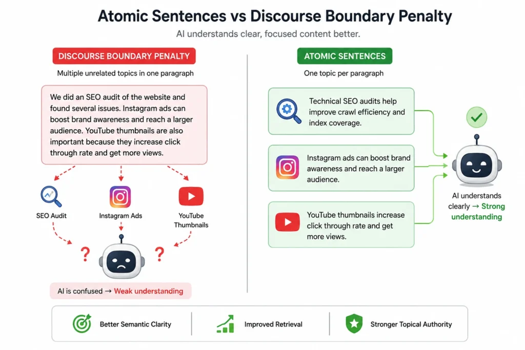 Comparison between atomic sentences and discourse boundary penalty in AI SEO content structure.