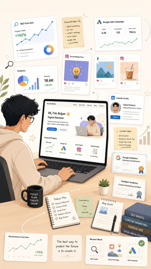 Beginner digital marketer building a portfolio on a laptop with floating SEO graphs, Google Ads dashboards, LinkedIn profile cards, analytics charts, certificates, and social media content previews in a clean workspace.