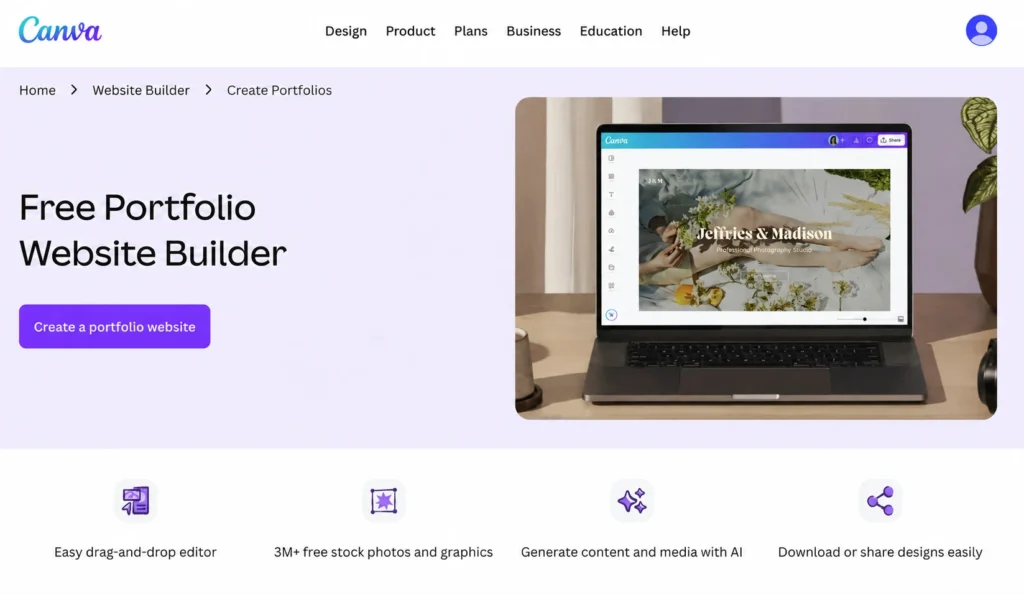 Canva portfolio website builder homepage showing a free portfolio creation tool with drag-and-drop editing features and website design preview on a laptop screen.