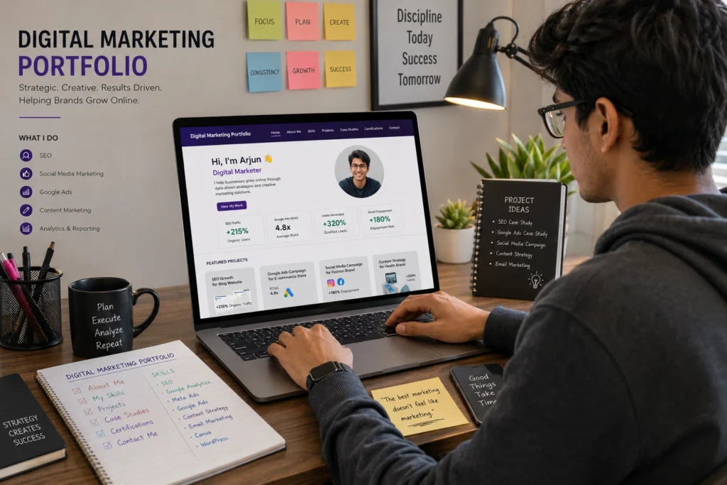 How to Build a Digital Marketing Portfolio Even if You Have Zero Experience 7 Person working on a digital marketing portfolio website on a laptop, showing SEO, Google Ads, social media marketing, analytics, and case study sections in a workspace setup.