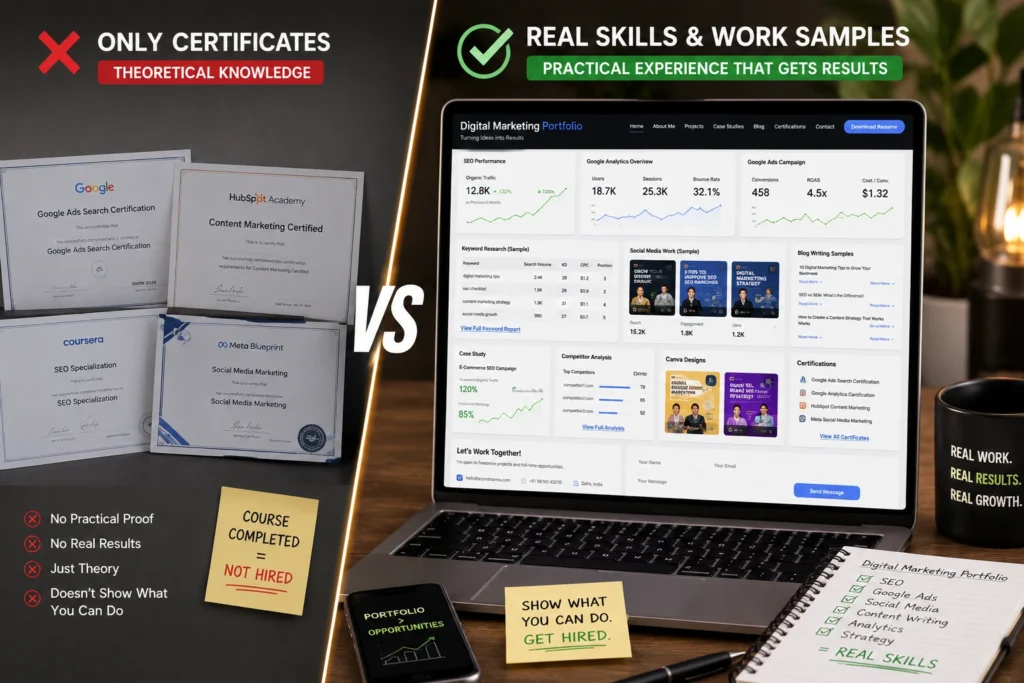 Comparison between digital marketing certificates and practical portfolio work samples, showing certificates on one side and a laptop portfolio with SEO, analytics, Google Ads, and case studies on the other.