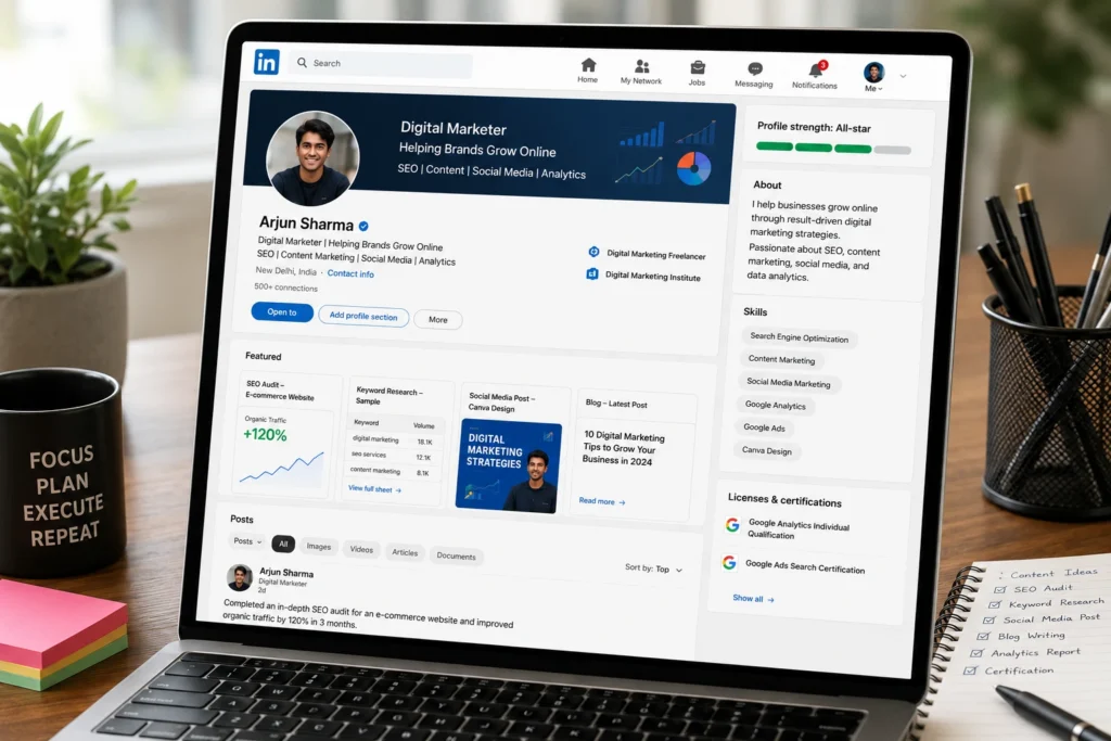 Laptop displaying a LinkedIn digital marketer profile with SEO projects, keyword research samples, analytics, certifications, blog posts, and social media work.
