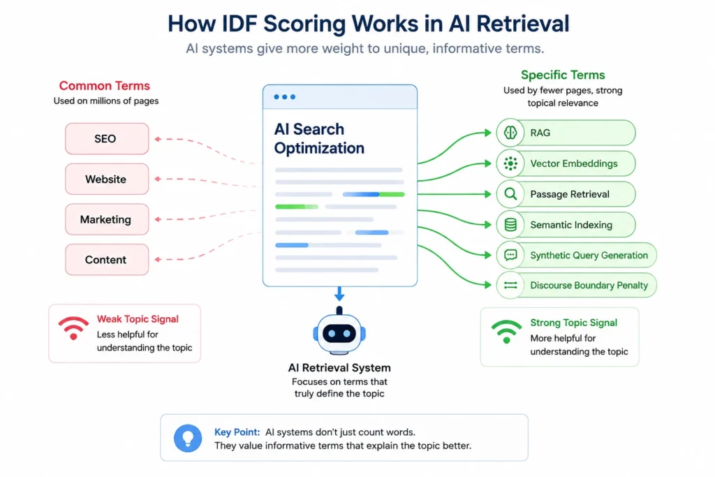 IDF scoring infographic showing how AI retrieval systems prioritize informative and topic-specific terms over common keywords.