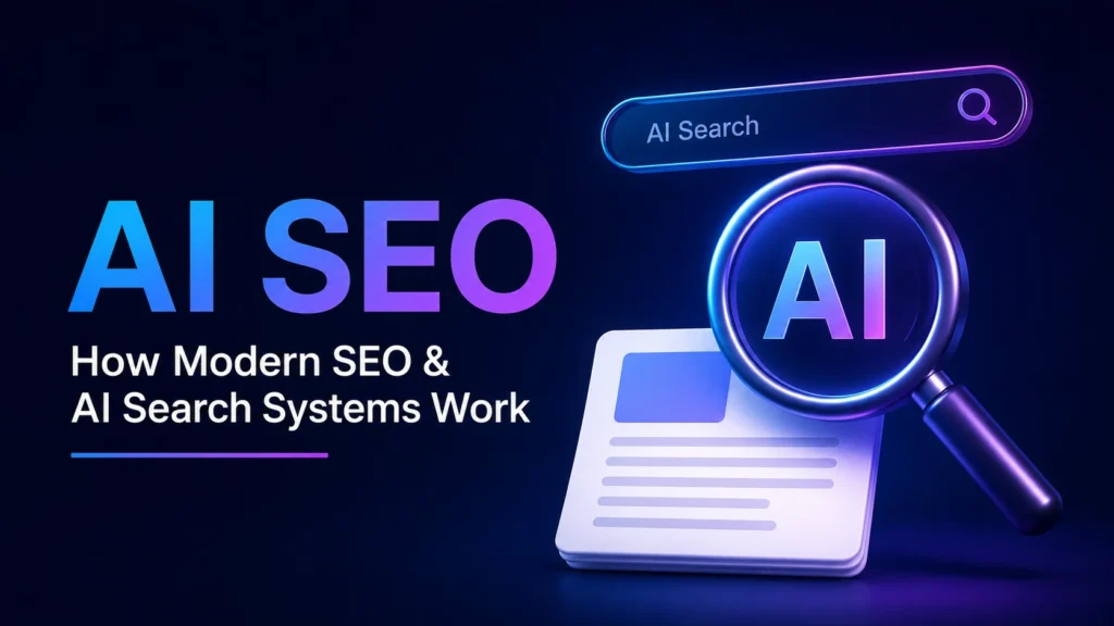 AI SEO: How Modern SEO & AI Search Systems Work with RAG, Entity Optimization, Passage Retrieval & Synthetic Queries 1 AI SEO featured image showing modern AI search systems, semantic search, and AI-powered content retrieval.