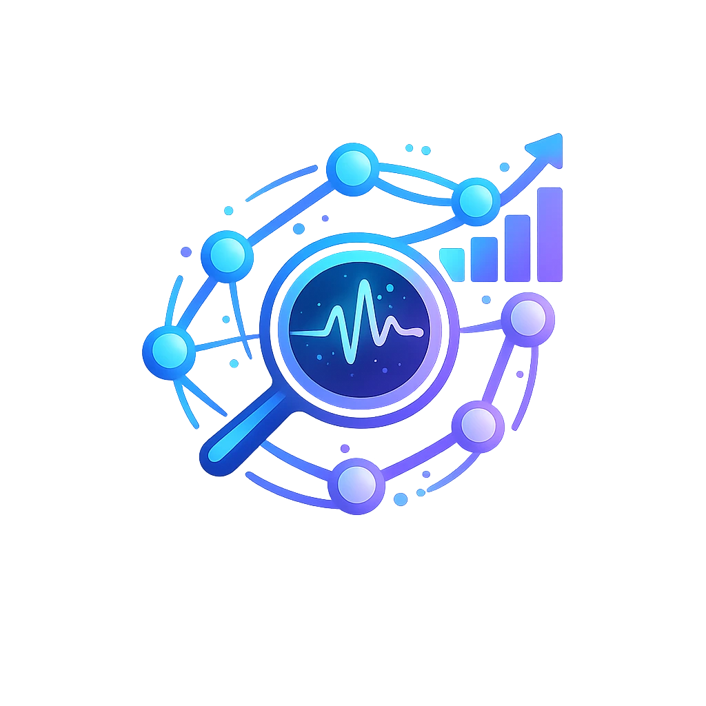 Minimal futuristic AI SEO logo featuring connected neural nodes, semantic search pathways, magnifying glass symbol, and ranking growth elements in blue and purple gradient vector style.