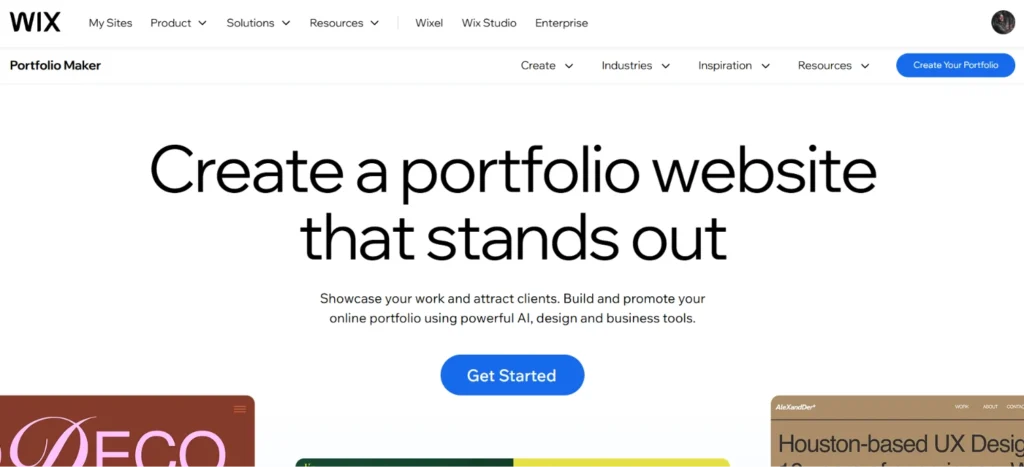 Wix portfolio maker homepage with a call-to-action for creating a portfolio website using AI, design tools, and business features.
