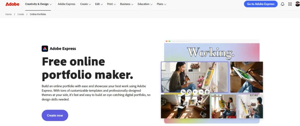 Adobe Express online portfolio maker page showing free portfolio creation tools with customizable templates and digital portfolio examples.