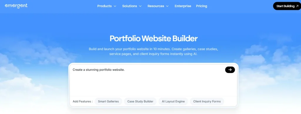 Emergent AI portfolio website builder homepage with tools for creating portfolio websites, galleries, case studies, and client inquiry forms.