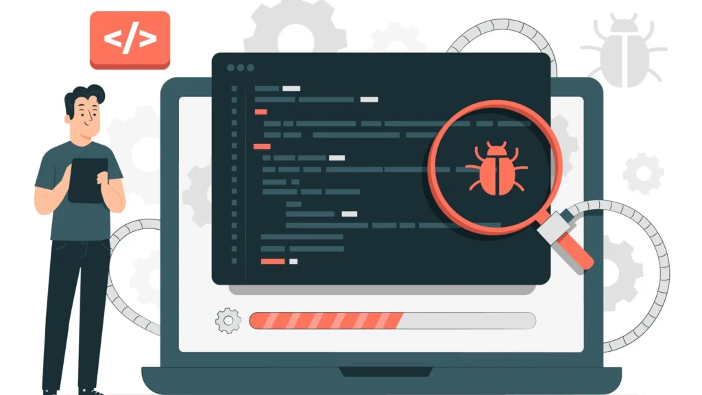 Illustration of website crawling and bug detection showing a laptop screen with website code, a magnifying glass highlighting a bug icon, and a developer holding a tablet.