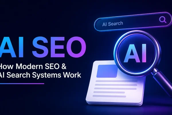 AI SEO featured image showing modern AI search systems, semantic search, and AI-powered content retrieval.