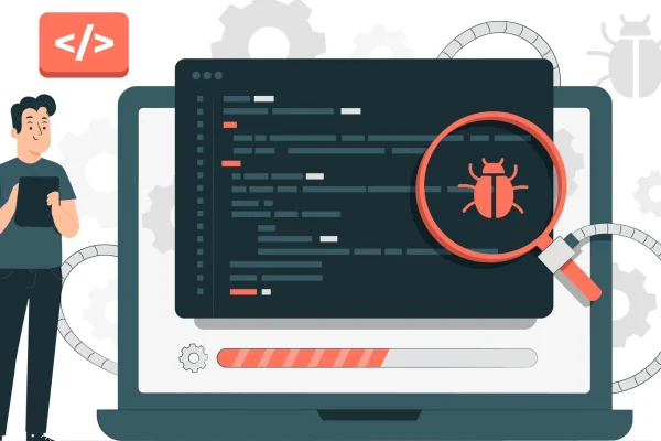 Illustration of website crawling and bug detection showing a laptop screen with website code, a magnifying glass highlighting a bug icon, and a developer holding a tablet.